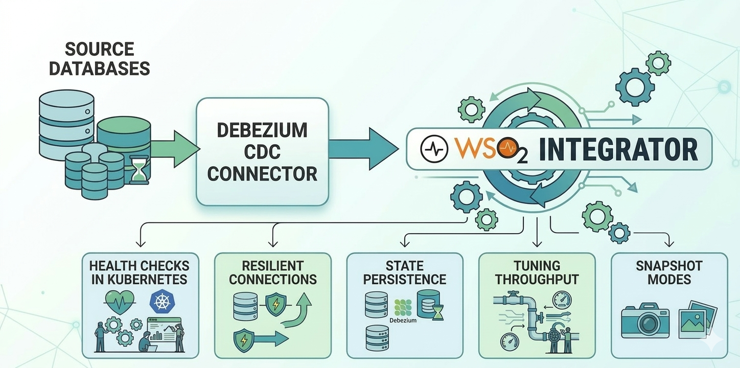 Architecture diagram showing Source Databases flowing through the Debezium CDC Connector into WSO2 Integrator, with five production concerns highlighted below: Health Checks in Kubernetes, Resilient Connections, State Persistence, Tuning Throughput, and Snapshot Modes